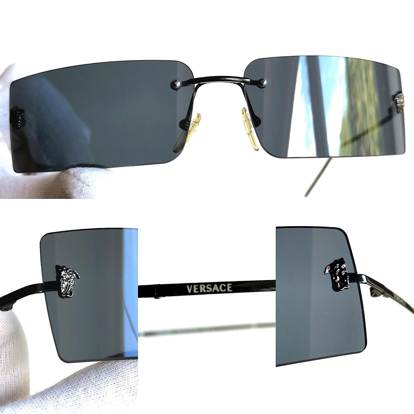 VERSACE Vintage Sunglasses Black Rectangular Rimless Medusa Gray