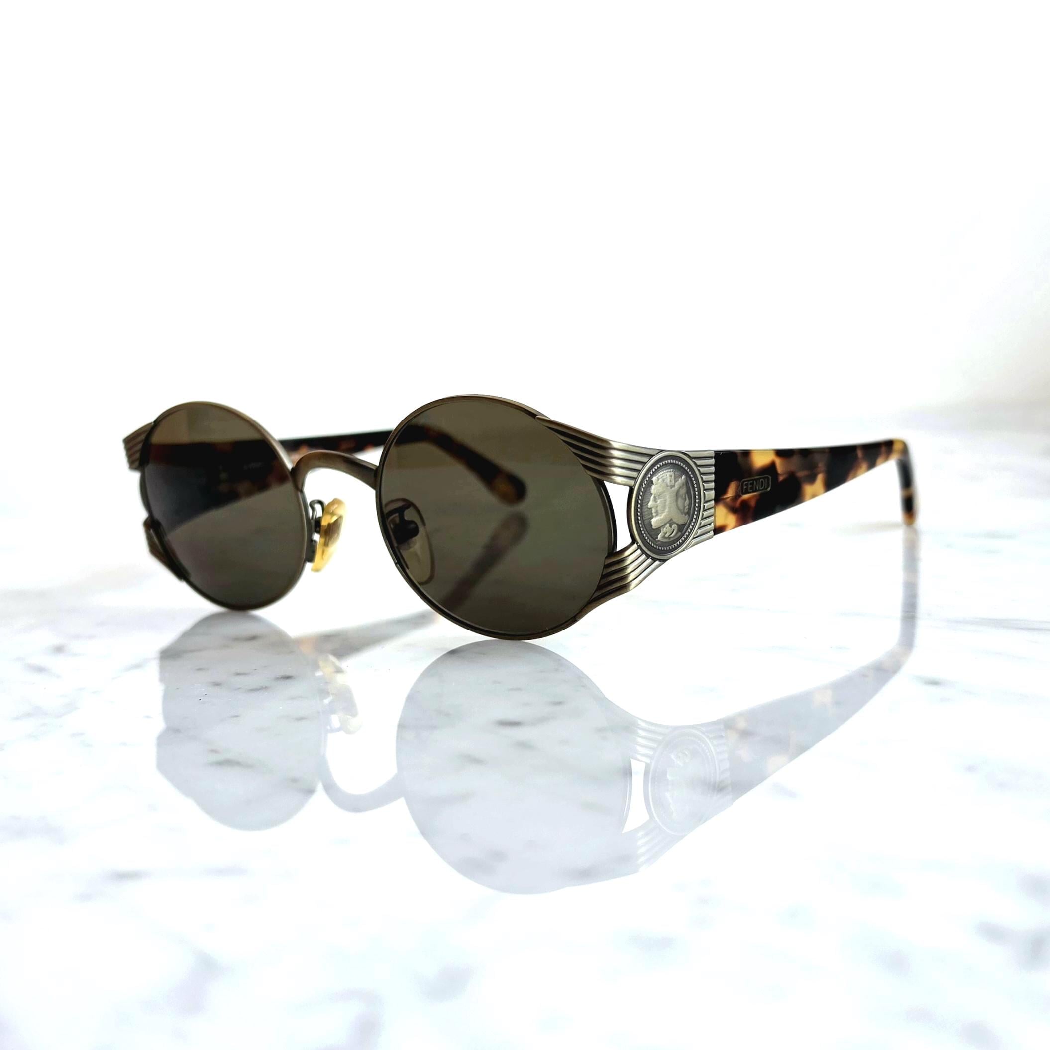 FENDI Vintage Sunglasses Round Gold Aged Effect Tortoise Brown