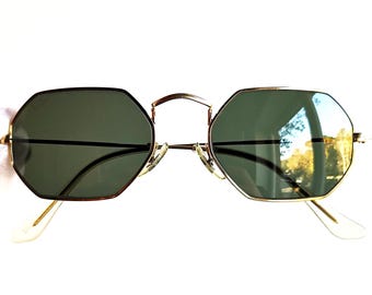 RAY BAN Sunglasses vintage made in Usa B&L hexagon octagon gold w1535 frame