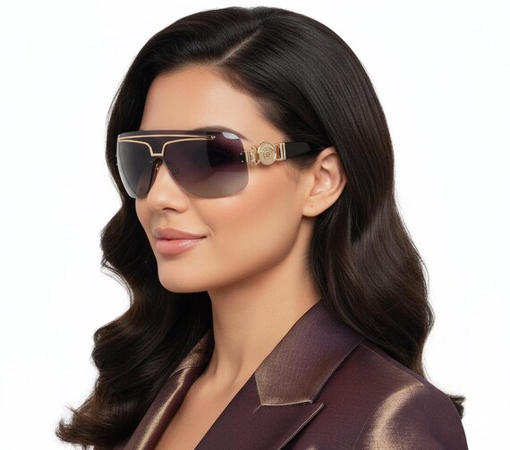 VERSACE Vintage Sunglasses Blue Gold Medusa Aviator Wrap Mask