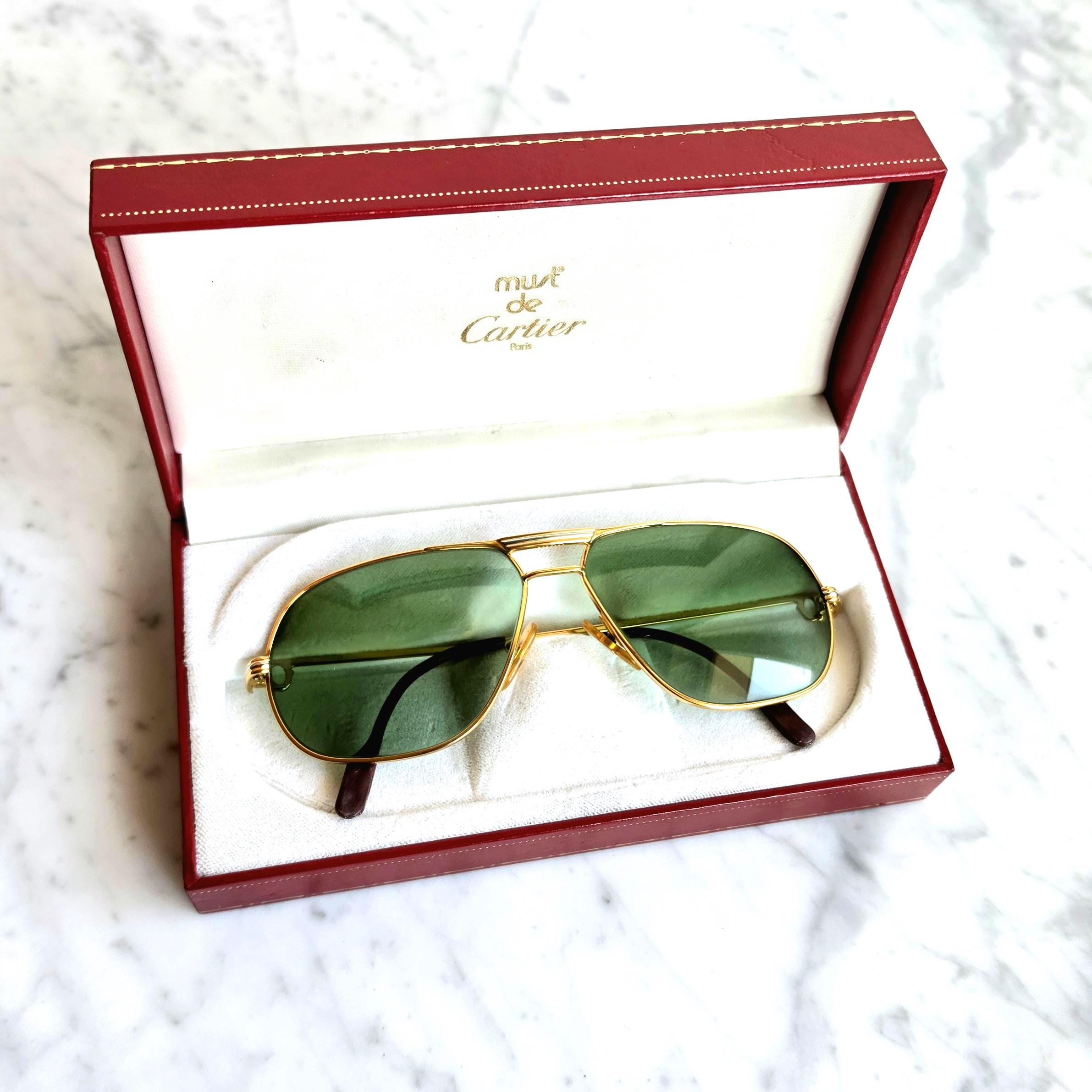 CARTIER Tank Santos Gold Plated Sunglasses Vintage Green Lens