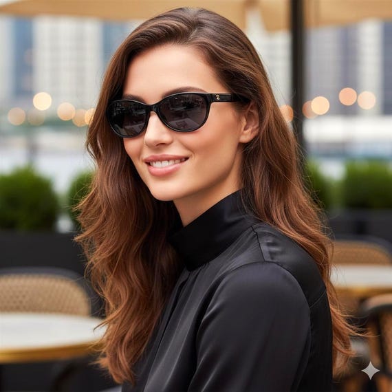 CHANEL Vintage Sunglasses Leather Insert Temple Oval Cateye Black