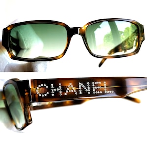 CHANEL ヴィンテージ サングラス ベラ ハディッド トータス ブラウン ホワイト ラインストーン ストラス オーバル 長方形 レア フレーム 3059-B 90 年代 y2k グリーン レンズ リアーナ