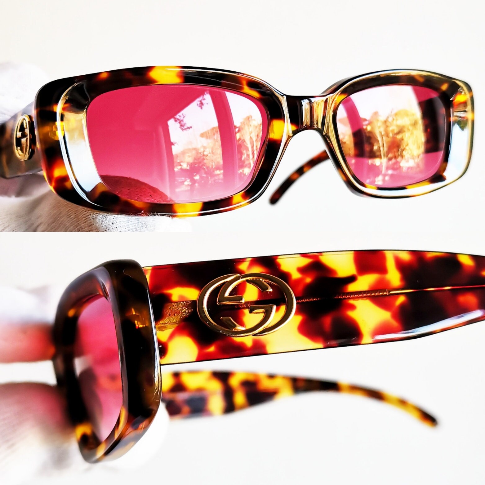 GUCCI Vintage Sunglasses Rare Tortoise Brown Square Gold