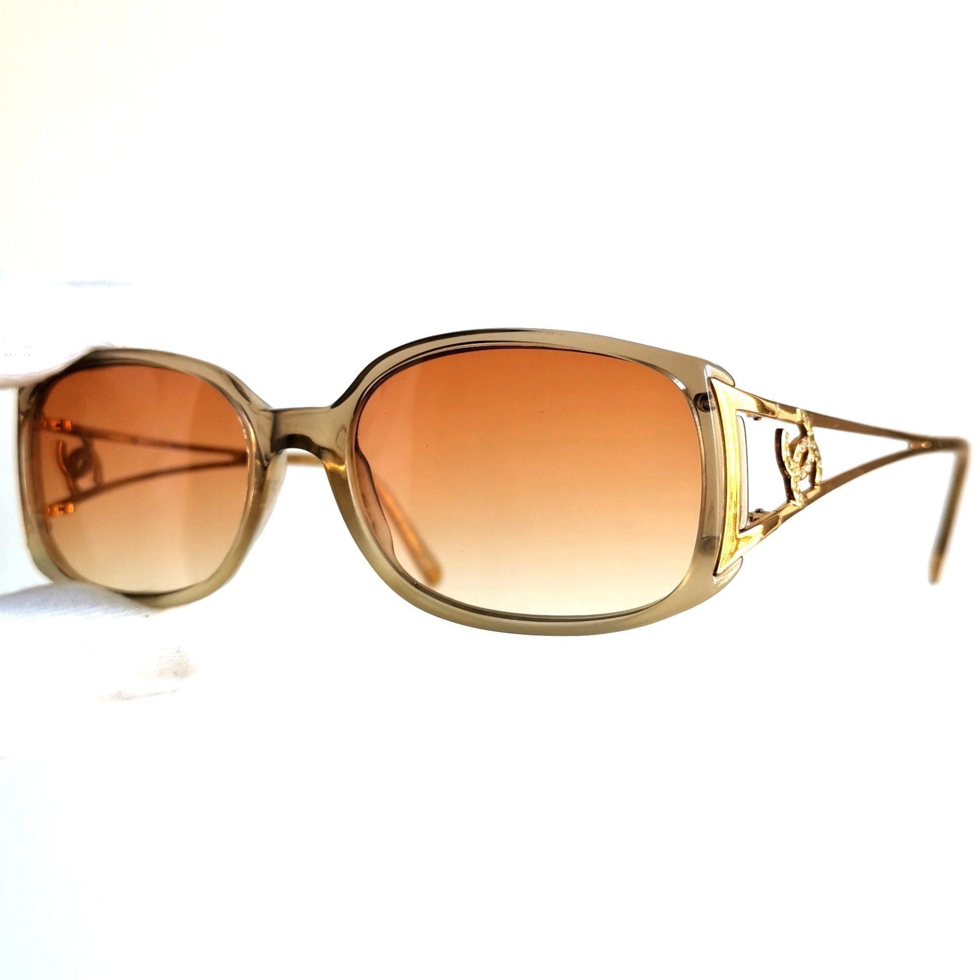 CHANEL Vintage Sunglasses Gold Oval Square Rhinestone Frame 3066-B