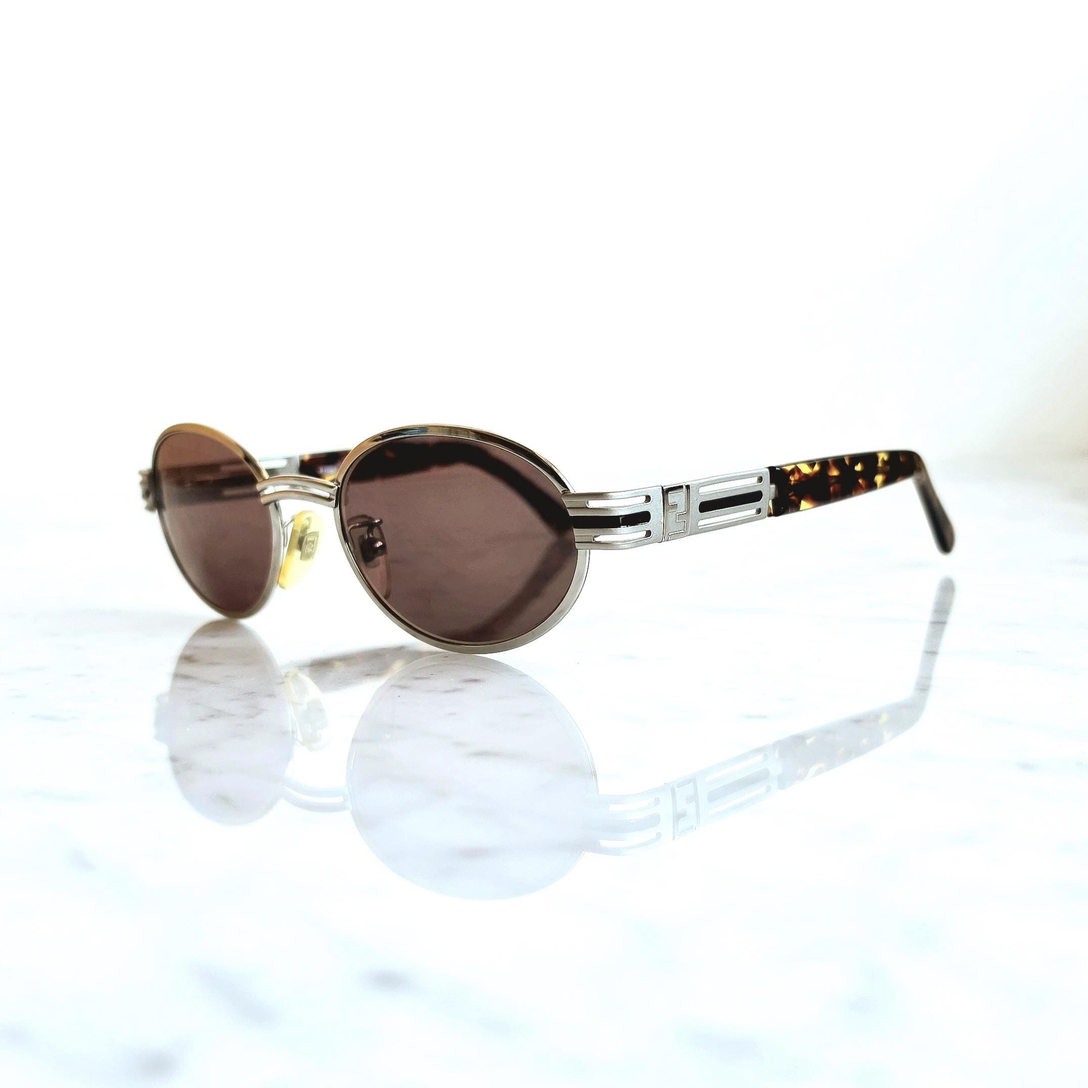 FENDI Vintage Sunglasses Oval Silver Tortoise Brown SL7076 Round