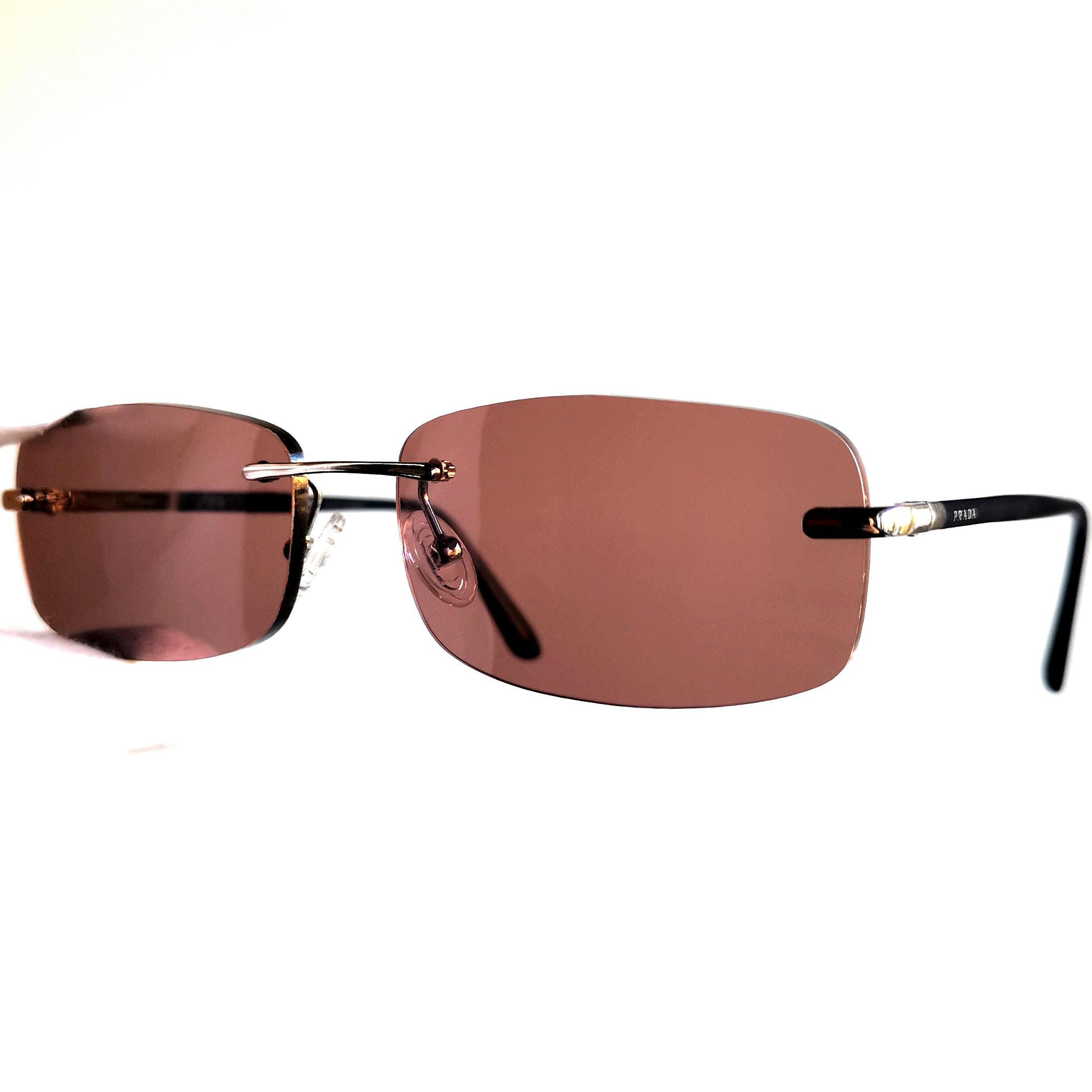 PRADA Vintage Sunglasses Frameless Oval Rectangular Blue Silver