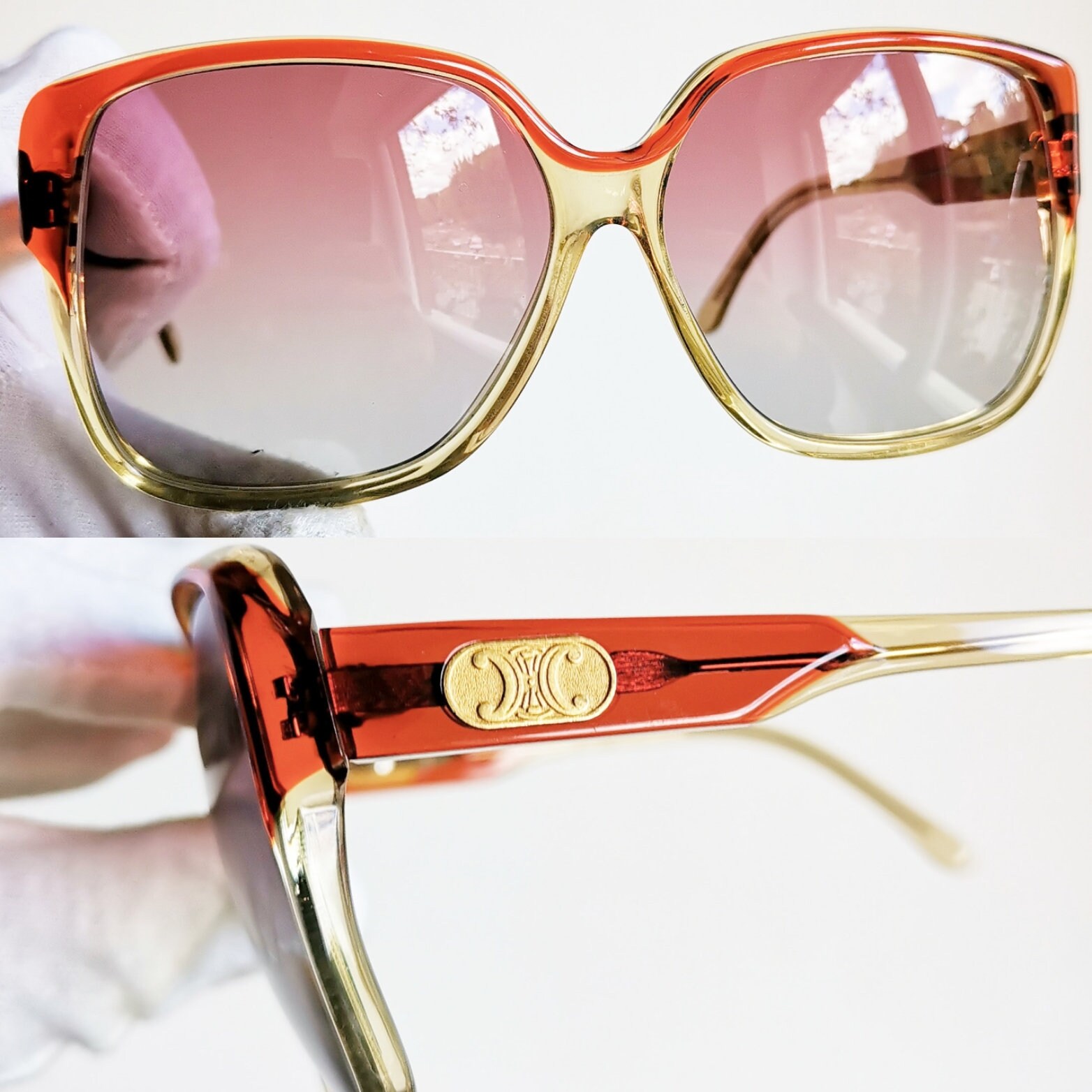 CELINE Square Oversize Sunglasses Vintage Red Gold Clear Yellow