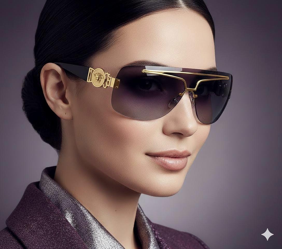 VERSACE Vintage Sunglasses Blue Gold Medusa Aviator Wrap Mask