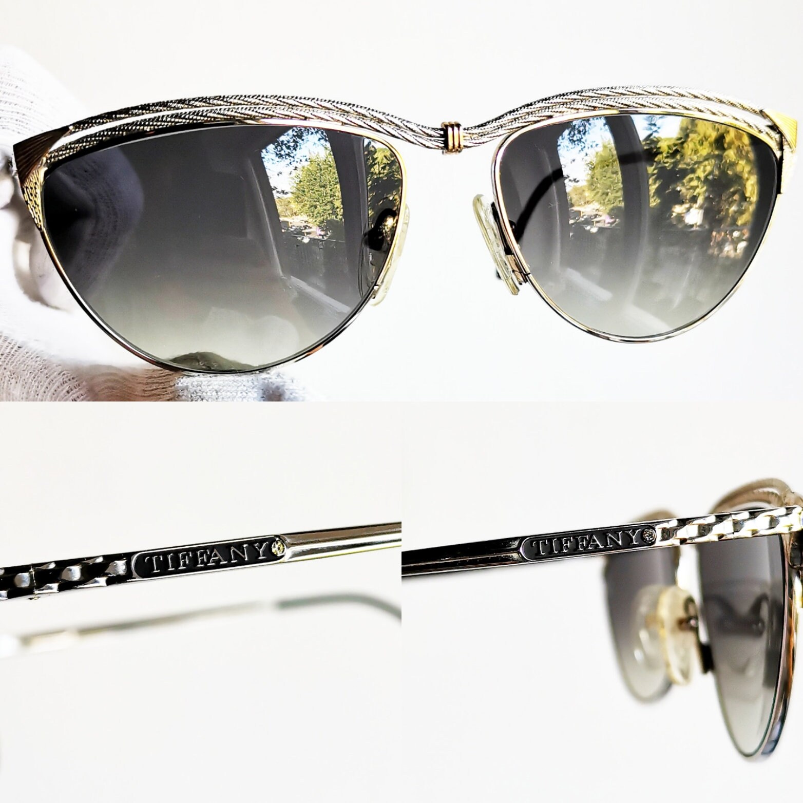 TIFFANY 23K Gold Plated Vintage Sunglasses Silver Gray Aviator