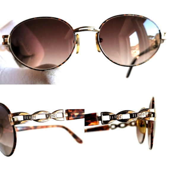 FENDI Vintage Sunglasses Oval Gold Chain Temple Brown VL7080