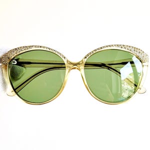 ROBERTA di CAMERINO vintage sunglasses rare oversize clear V60 frame white rhinestone glam butterfly cateye Lady Gaga Rihanna green lens 70s