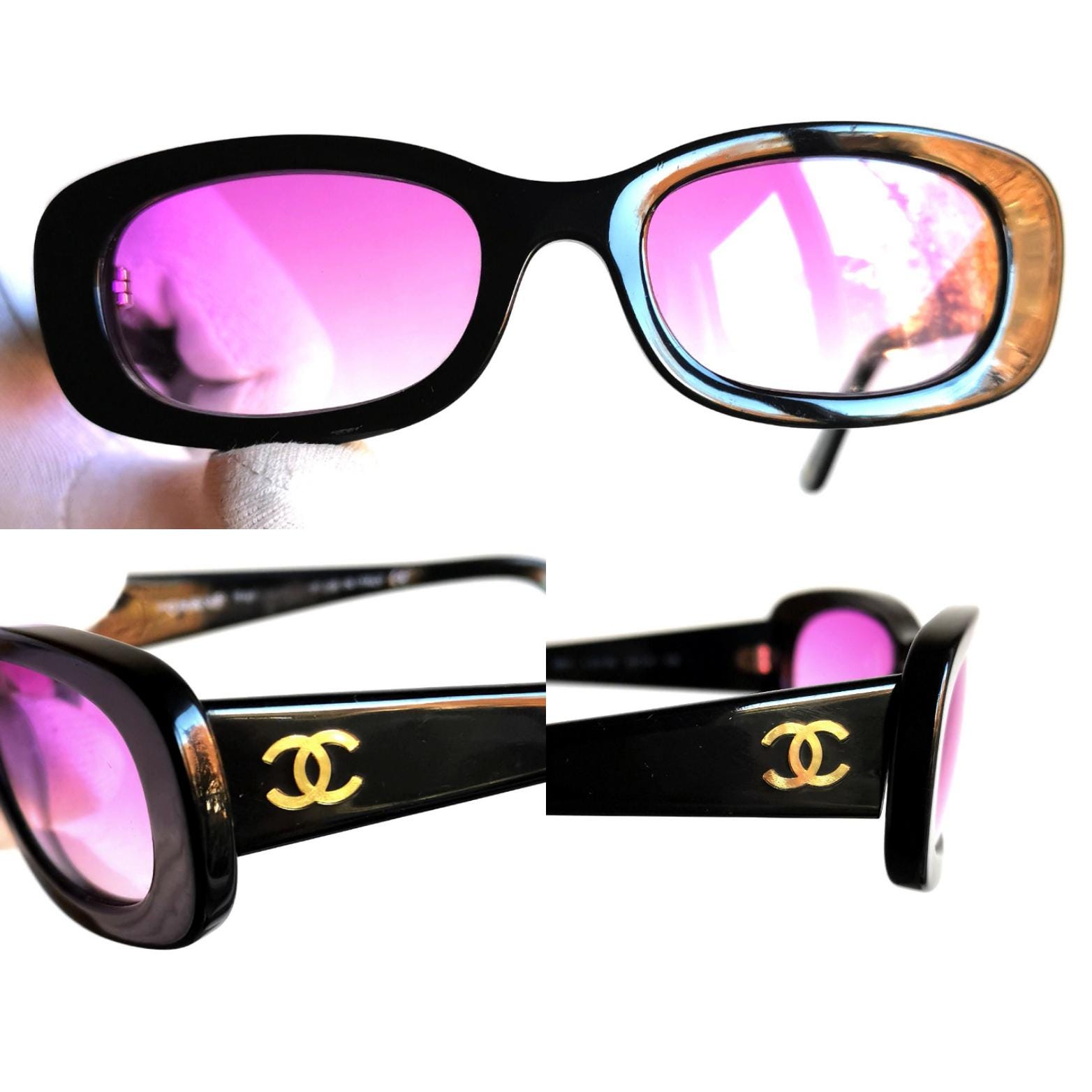 CHANEL Vintage Sunglasses Oval Black Gold CC Logo 5011 Frame 90s