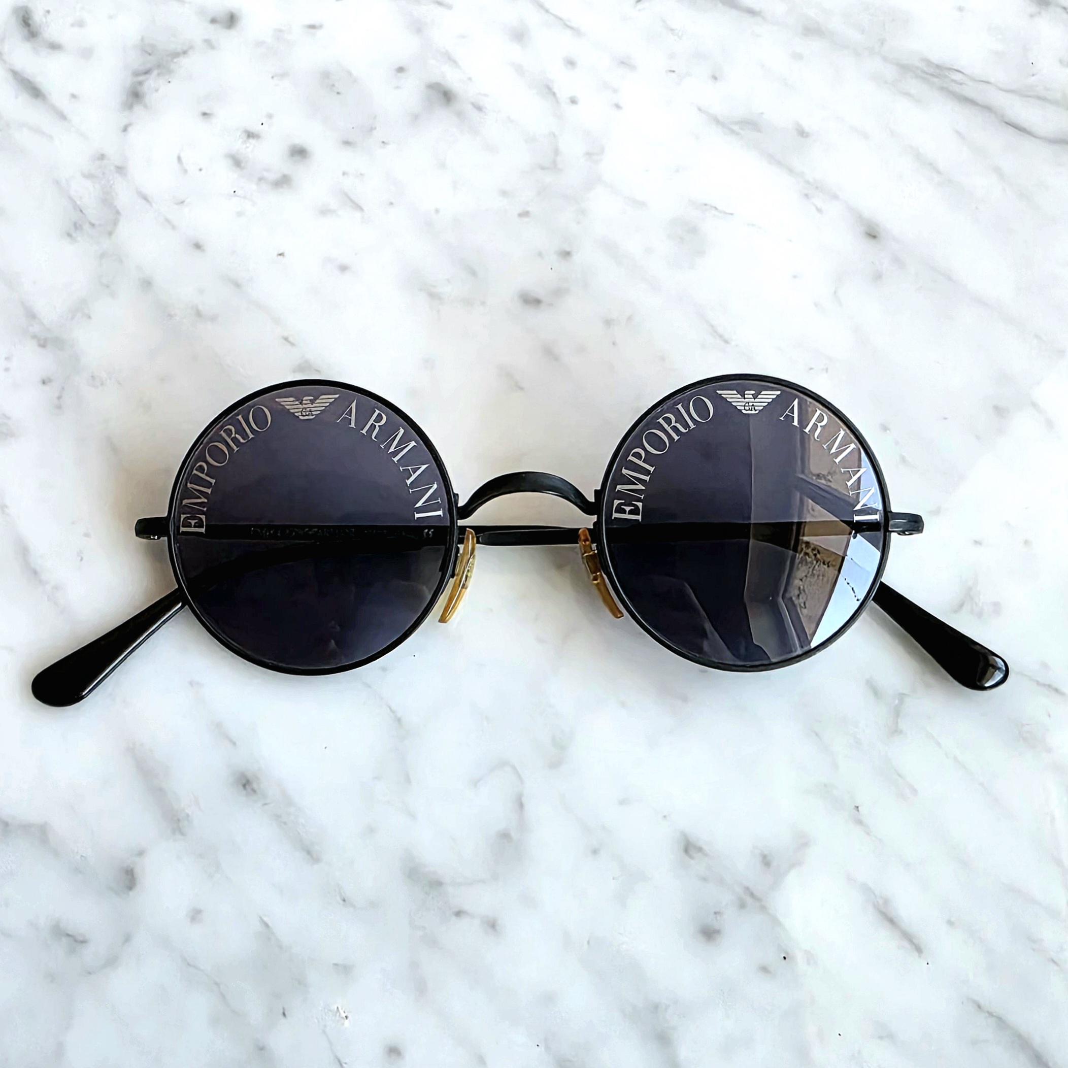 ARMANI Vintage Sunglasses Small Round Black Silver Giorgio Emporio