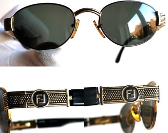 FENDI Vintage Sunglasses Oval Gold Black FS306 Bayonetta Frame 90s