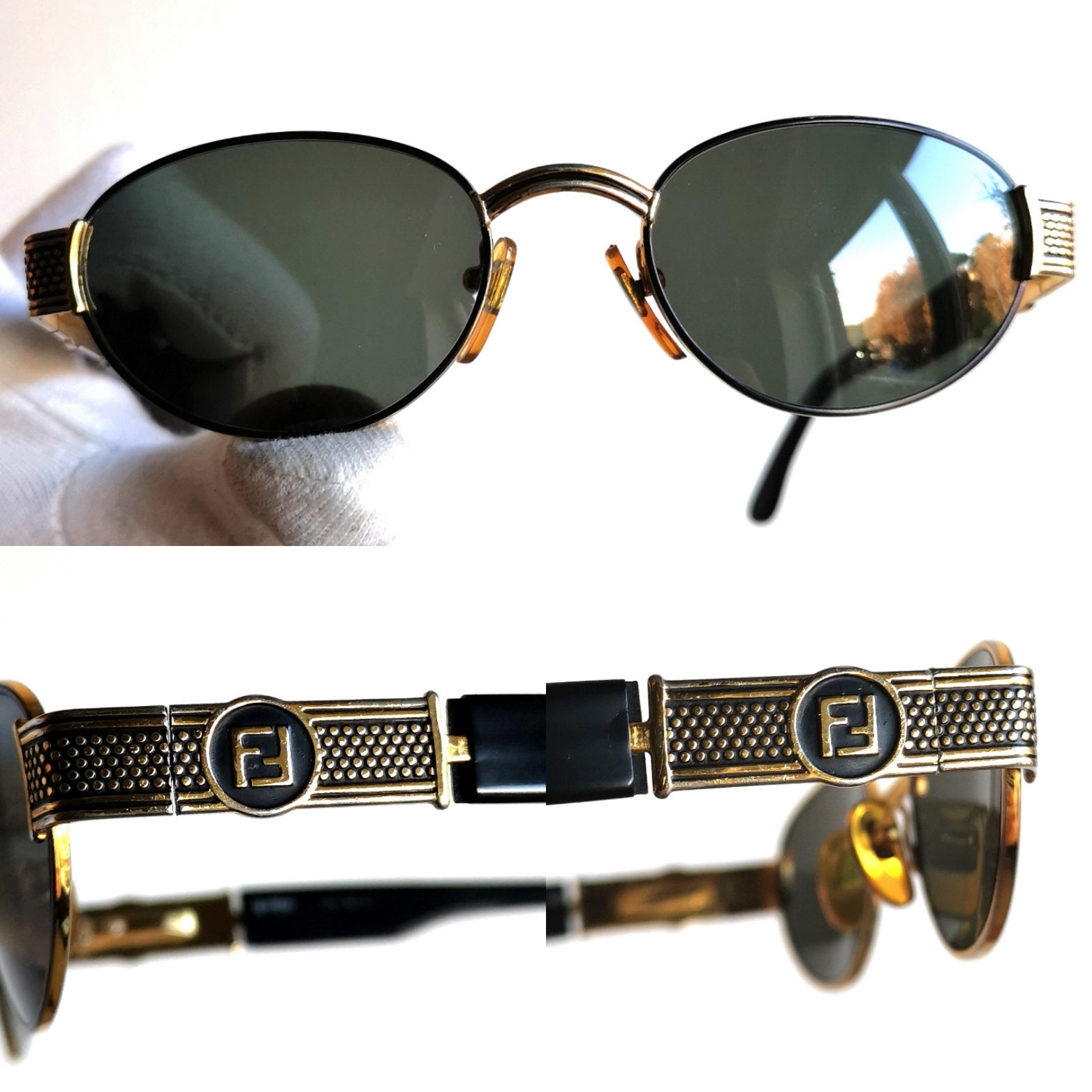 FENDI Vintage Sunglasses Oval Gold Black FS306 Bayonetta Frame 90s