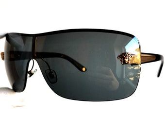 VERSACE Vintage Sunglasses Black Gold Medusa Square Frameless Mask
