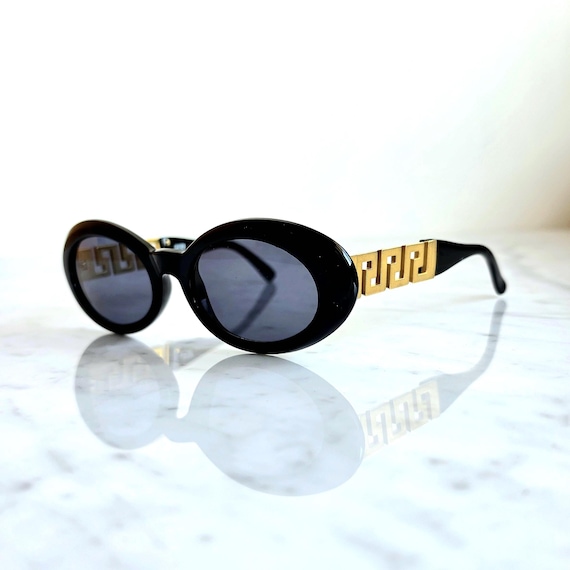 VERSACE Vintage Sunglasses Black Oval Gold Greek Key Gianni 527/T