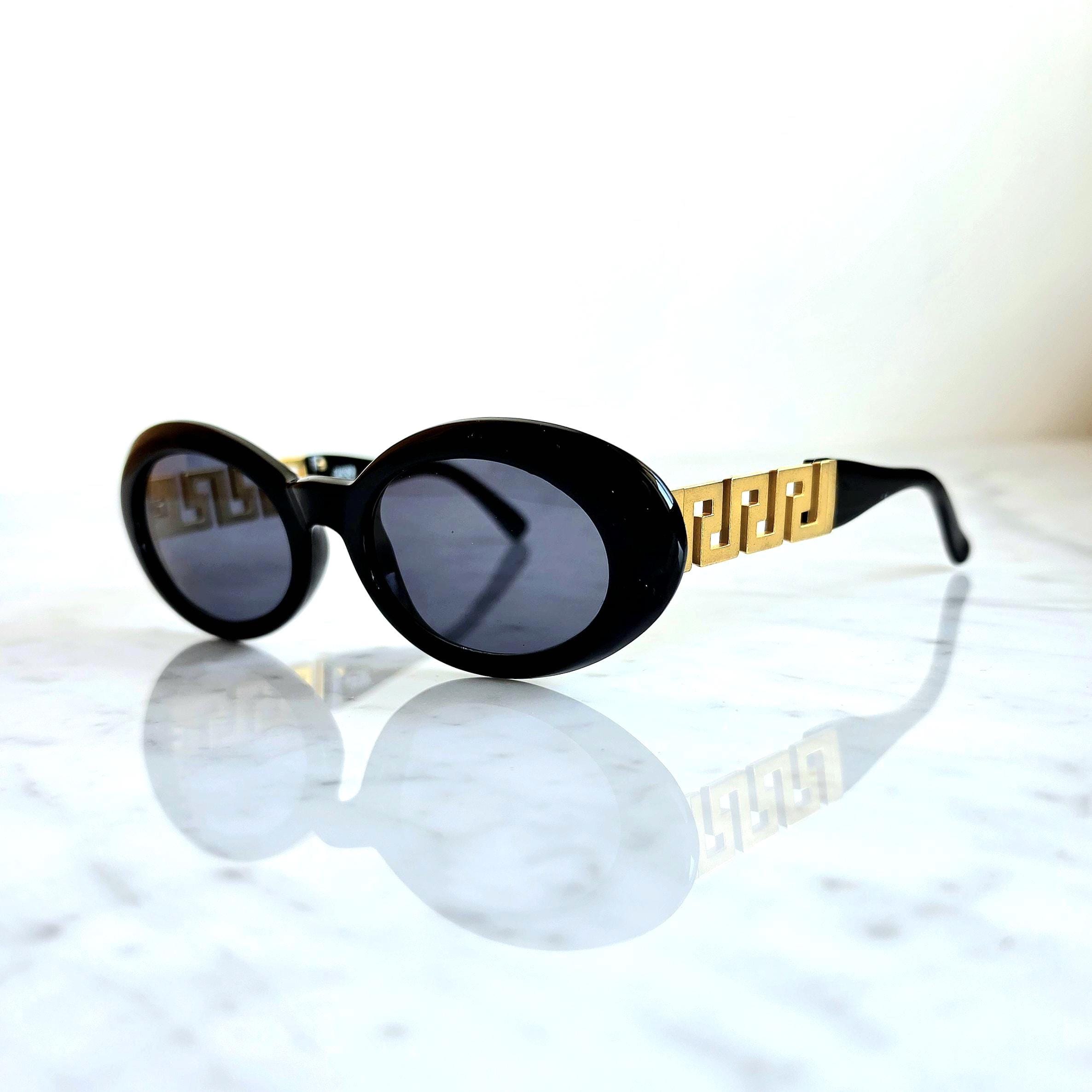 VERSACE Vintage Sunglasses Black Oval Gold Greek Key Gianni 527/T