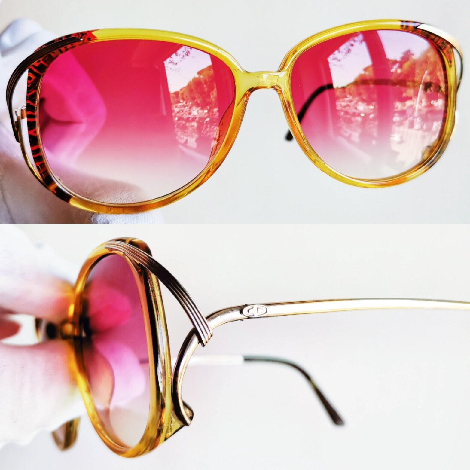 DIOR Vintage Sunglasses Square Yellow Orange Red Gold Temple