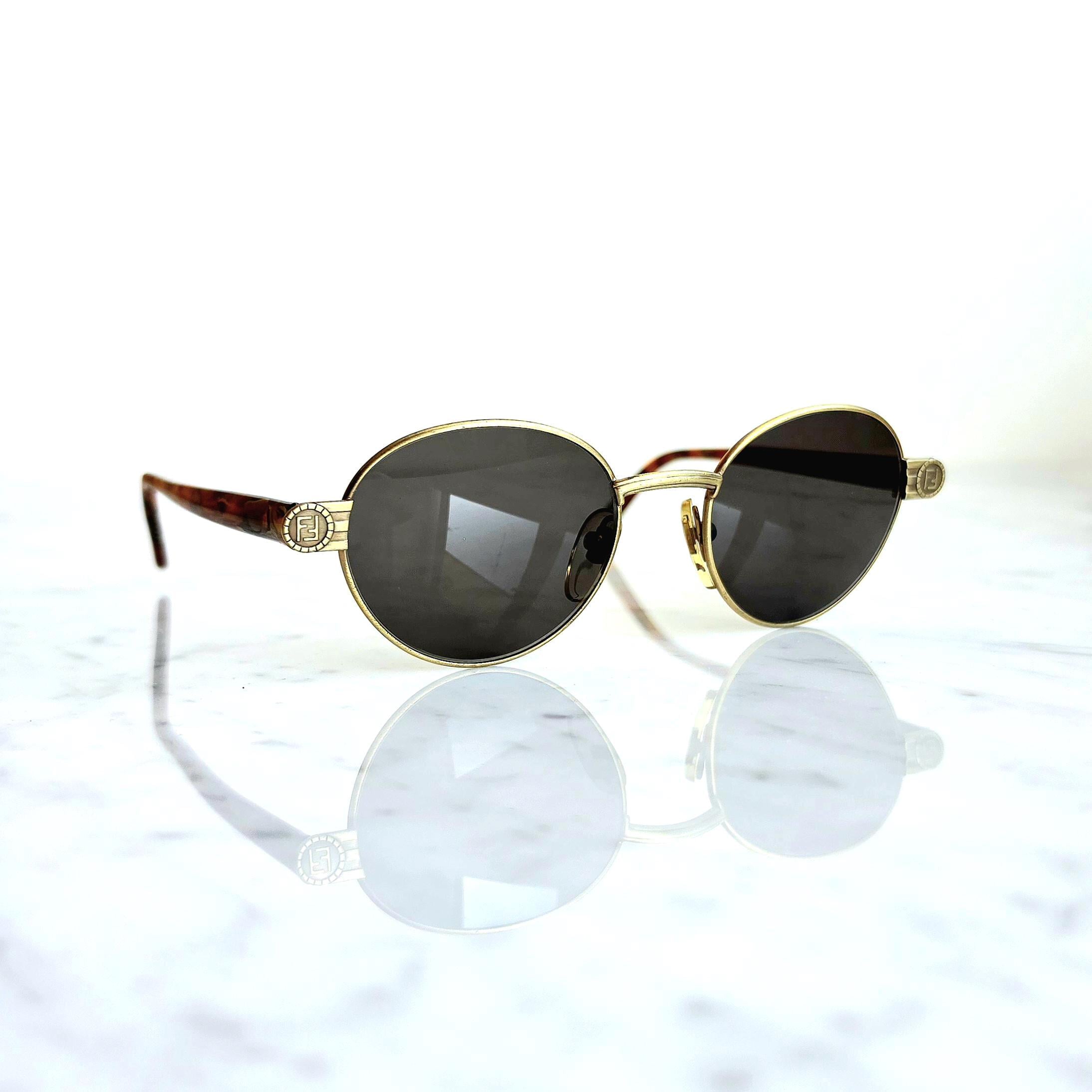 FENDI Vintage Sunglasses Gold Brown Round FF Monogram Logo FS303
