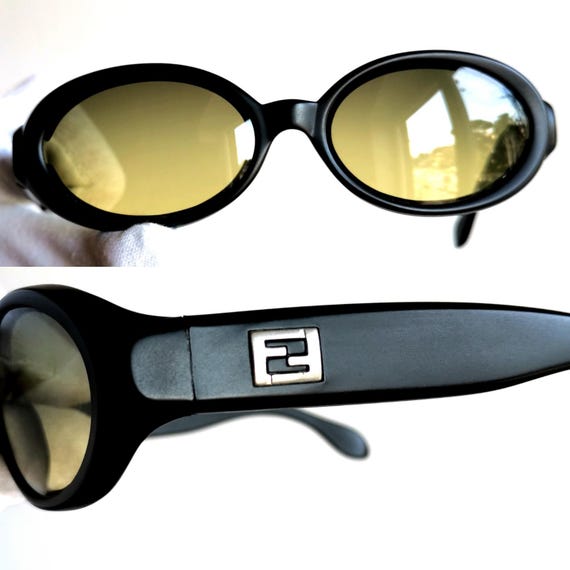 FENDI Vintage Sunglasses Black Silver Oval Yellow Green 90s Frame