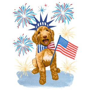 golden doodle Red white and blue flag fourth of July PNG digital download