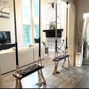 Large Dark Oak Wooden Swing: Upholstered Indoor/Outdoor Swing