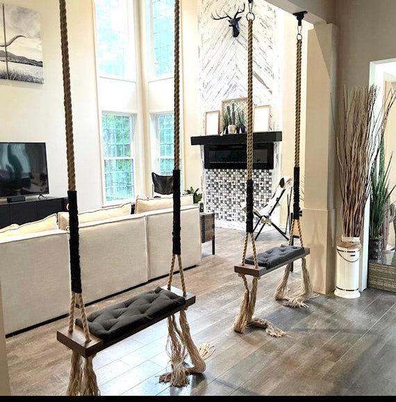 Large Black Adult Kids Swing. Indoor Outdoor Wooden Swing. Dark Oak Swing With Upholstered Cushion. Colors Available Christmas Gift Etsy