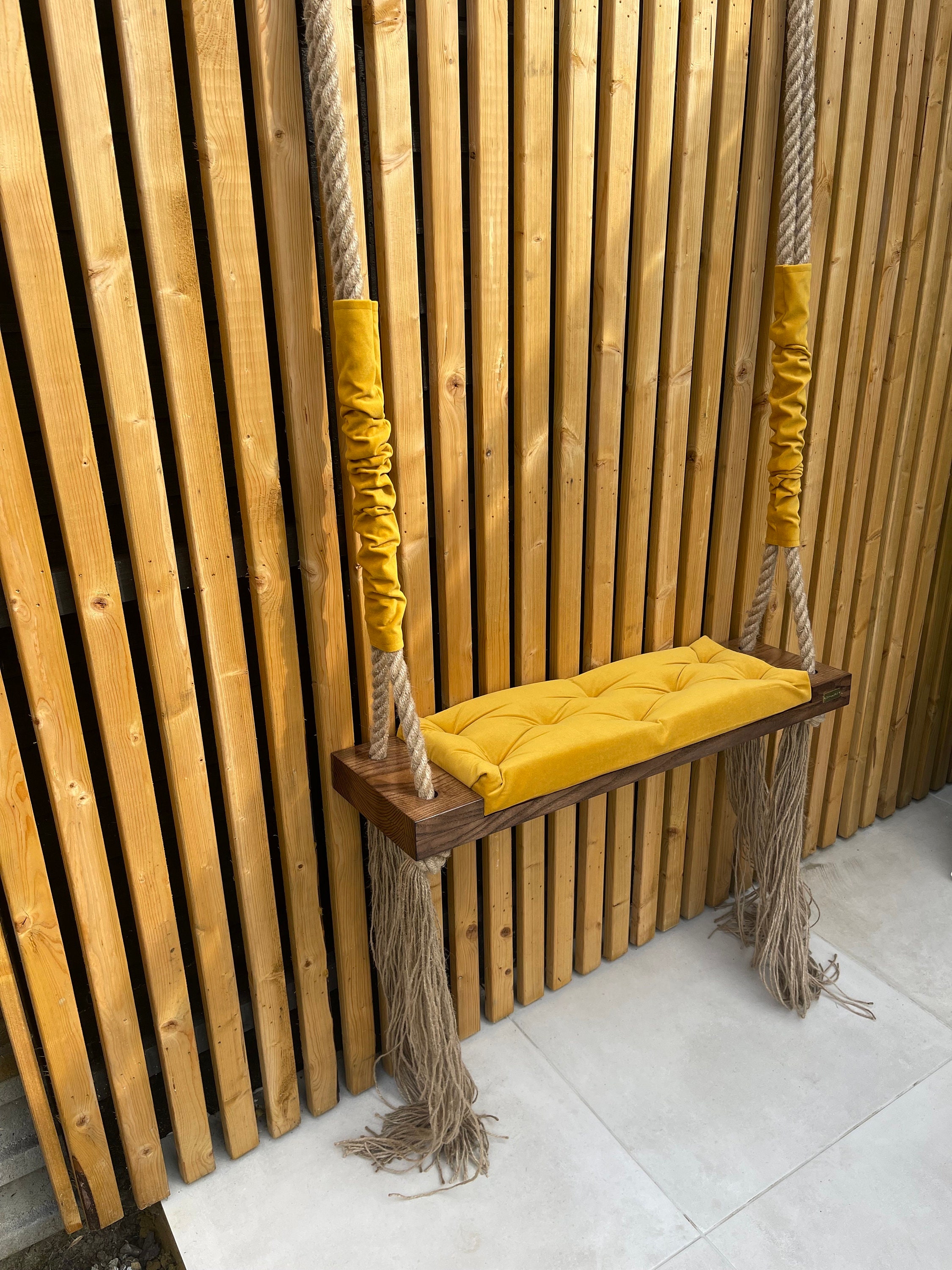 Extra Large dark oak wooden  adult swing with mustard yellow indoor or outdoor, industrial heavy duty Unique Adult gift, colors available