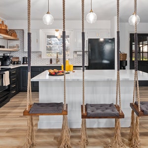 Luxury hand made wooden swing with quilted seat, elegant indoor and autdoor custom dark oak swing with grey seat. Unique home decor