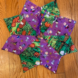 Halloween Peanuts tree skirt, 11, 18, or 22 inch diameter, table top, mini, green & purple, Charlie Brown, Snoopy, quilted