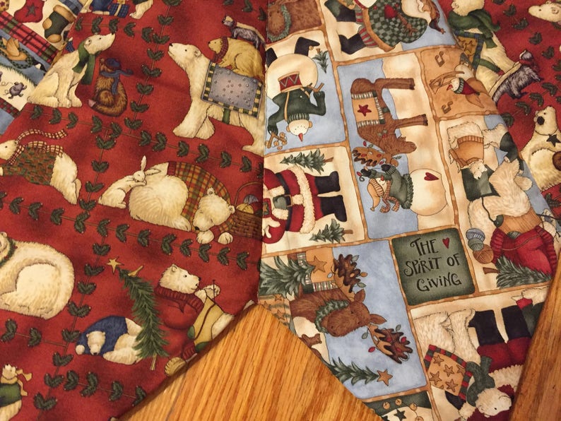 blue 56 inch diameter wildlife burgundy Teresa Kogut fabric Christmas tree skirt quilted polar bear skirt