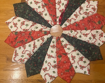 Christmas tree skirt, quilted, holly, ribbon, red, Victorian, gold accents, poinsettia,
