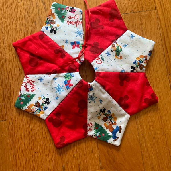 Mickey Mouse tree skirt, 11, 18, 22, 29, or 36 inch diameter, table top, mini, or large, red & white, Disney, quilted