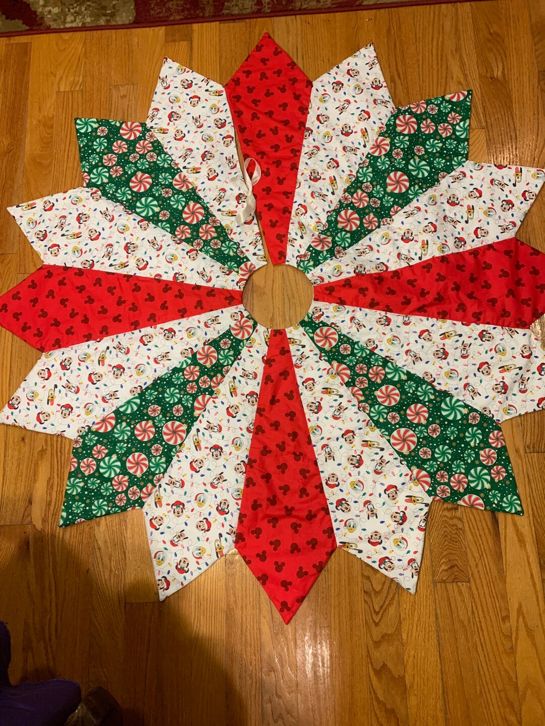 Disney Christmas Tree Skirt, Quilted, Red, Green, Mickey Mouse, Minnie