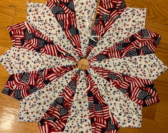 Patriotic  tree skirt, varieties of diameters, table top, mini, or full-size, red, white, blue, stars, American flags, quilted