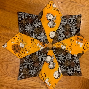 Halloween Peanuts tree skirt, 11, 18, or 22 inch diameter, table top, mini, orange and black, Charlie Brown, Snoopy, quilted, spider webs
