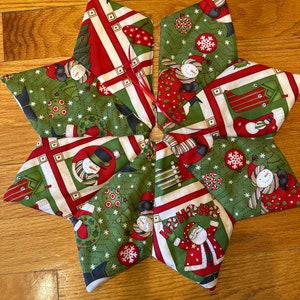Quilted Christmas Tree Skirt: Santa & Snowman, Red and Sage Green