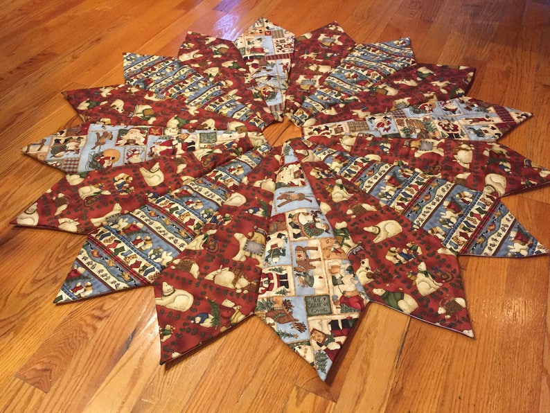 blue 56 inch diameter wildlife burgundy Teresa Kogut fabric Christmas tree skirt quilted polar bear skirt