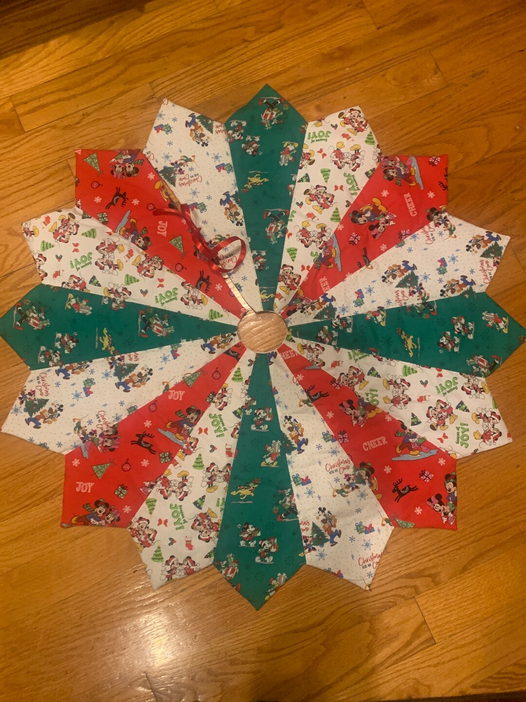 Disney Christmas Tree Skirt, Quilted, Red, Green, Mickey Mouse, Minnie