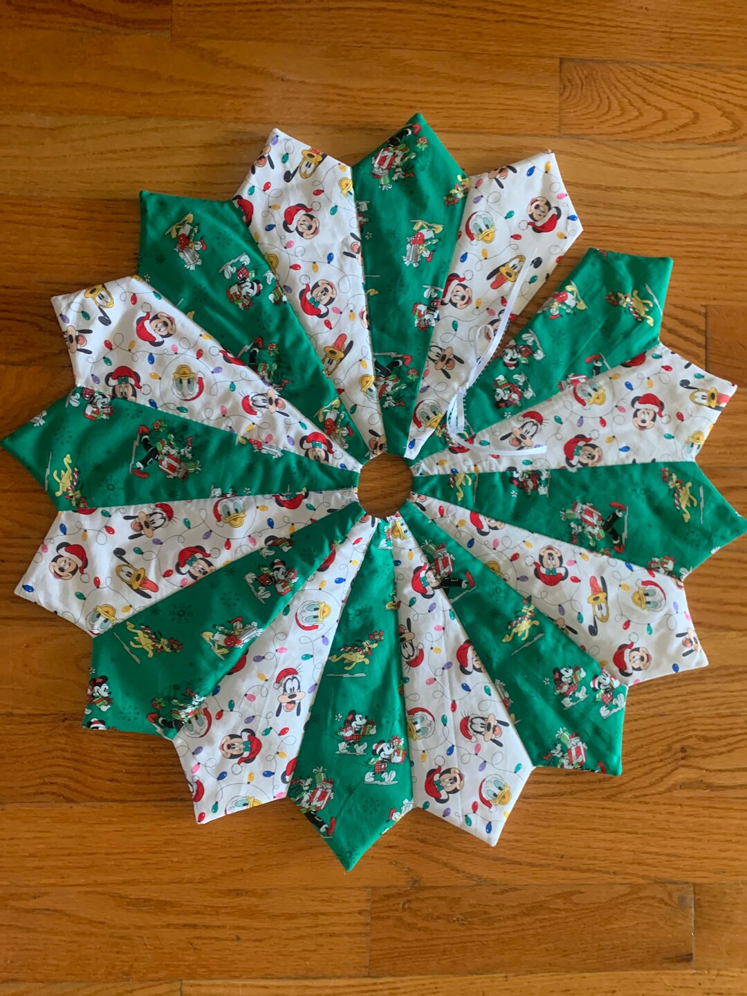 Disney Christmas Tree Skirt Quilted Red Green Mickey Etsy