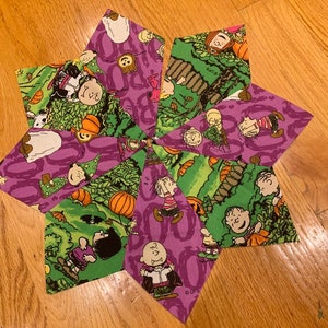 Halloween Peanuts tree skirt, available in multiple diameters, table top, mini, green & purple, Charlie Brown, Snoopy, quilted