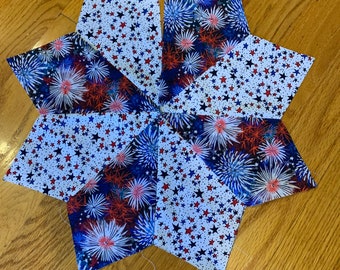 Patriotic tree skirt, 11 inch, 18 inch, or 22 inch in diameter, table top, red, white, & blue, stars, quilted, fireworks, silver accents