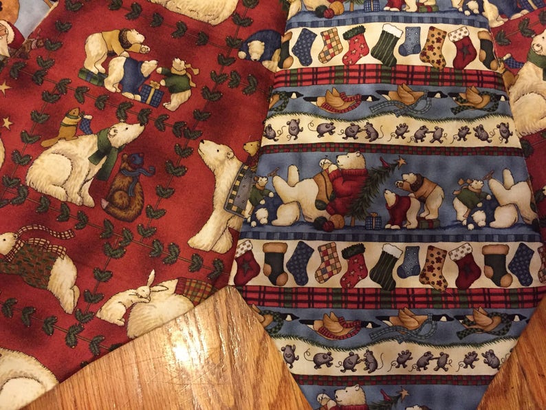 blue 56 inch diameter wildlife burgundy Teresa Kogut fabric Christmas tree skirt quilted polar bear skirt