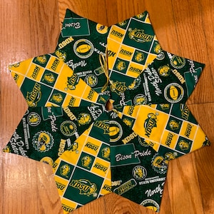 Quilted Christmas tree skirt, 11 inch, 18 inch, or 22 inch diameter, North Dakota State University, Bisons, NDSU, yellow, green