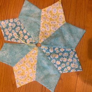 以下が含まれることがあります： 青い花柄の星型の布製のツリースカート。スカートは複数の布のパネルを縫い合わせて作られています。