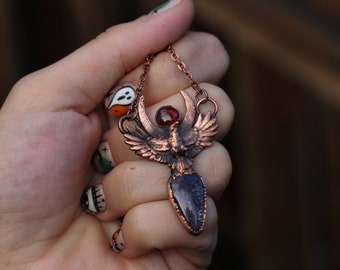 Bloodshot Iolite Raven necklace/Electroformed copper