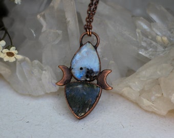 Moonstone Necklace/Moss Agate Necklace/Moon Necklace/Electroformed Copper