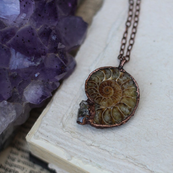 Ammonite Fossil Necklace/Herkimer Diamond/Electroformed Copper/Copper Necklace/Copper Jewelry